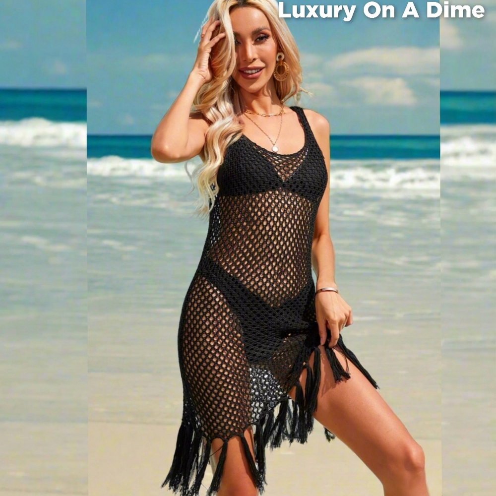 Sleeveless Crochet Retro Fringe Tassel Openwork Macrame Swim Coverup Dress Boho